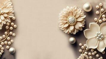3d machen von Pastell- braun Blumen und Perlen dekorativ Hintergrund und Kopieren Raum. foto