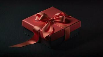 3d machen von Geschenk Box mit rot Seide Bogen Band auf schwarz hölzern Textur Hintergrund und Kopieren Raum foto