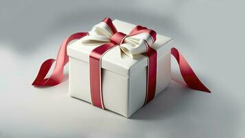 3d machen von Weiß Geschenk Box mit rot Seide Bogen Band auf grau Hintergrund und Kopieren Raum. foto