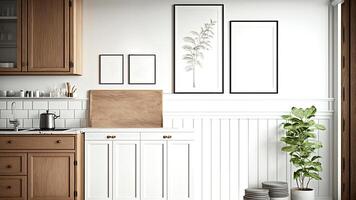 luxuriös, modern zeitgenössisch Weiß Mauer Küche, minimalistisch Design mit leer Foto Rahmen. generativ ai Digital Illustration.