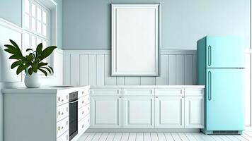 luxuriös, modern zeitgenössisch Pastell- Blau Mauer Küche, minimalistisch Design mit leer Foto Rahmen. generativ ai Digital Illustration.