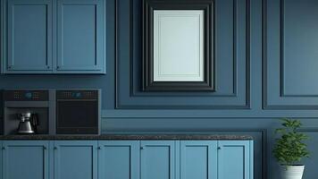 luxuriös, modern zeitgenössisch Blau Mauer Küche, minimalistisch Design mit Kaffee Maschine und leer Foto rahmen. generativ ai, Digital Illustration.