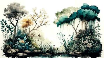 Jahrgang Wasser Farbe Hintergrund von Wald Landschaft mit See, Pflanzen, Bäume. KI-generiert, Digital Illustration. foto