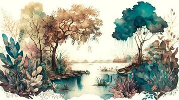 Jahrgang Wasser Farbe Hintergrund von Wald Landschaft mit See, Pflanzen, Bäume. KI-generiert, Digital Illustration. foto