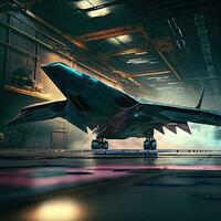 futuristisch Militär- Flugzeug Design, Krieg Militär- Luft Handwerk, scifi fliegend glatt Design. ai. foto