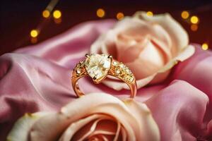 Gold Ring mit Diamant auf Rosa Seide mit Rosen foto