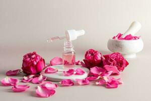 feuchtigkeitsspendend Öl Flüssigkeit im ein öffnen kosmetisch Flasche mit ein Pipette zum das Gesicht mit ein Extrakt von Rose Blütenblätter zum Gesichts- Haut Pflege. natürlich Pflege . foto
