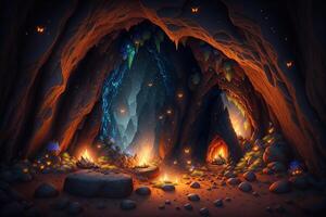 Höhle mit Feuer fliegt magisch ätherisch durch ai generiert foto