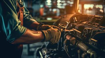 Auto Mechaniker Arbeiten auf Auto gebrochen Motor im Garage oder Reparatur Service, authentisch Nahansicht Schuss. erstellt durch generativ ai Technologie. foto