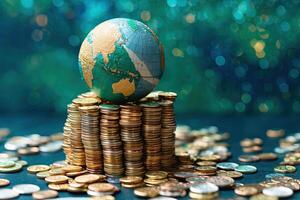 global Welt Wirtschaft Konzept mit Erde Globus auf golden Münzen beim glänzend blaugrün Hintergrund. generativ ai. foto