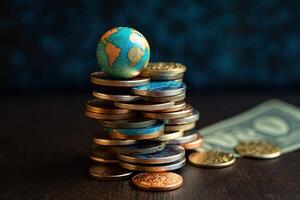 global Welt Wirtschaft Konzept mit Erde Globus oben Stapel von anders Währung Münzen auf glänzend braun und blaugrün Hintergrund. generativ ai. foto