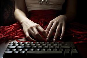 Nahansicht von weiblich Hände hinter das Tastatur auf Schreibtisch. generativ ai Technologie. foto