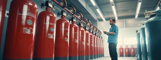 fotogen Bild von Ingenieur Mann Überprüfung und inspizieren Feuer Feuerlöscher im Leistung Anlage, generativ ai Technologie. foto