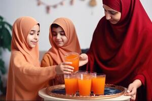 Muslim Frau Portion Scharbat zu Kinder im Hijab auf das Gelegenheit von eid Feier, generativ ai. foto