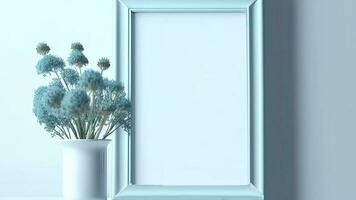 skandinavisch golden Foto rahmen, und dekorativ Innen- Pflanzen gegen Pastell- Blau Wände.
