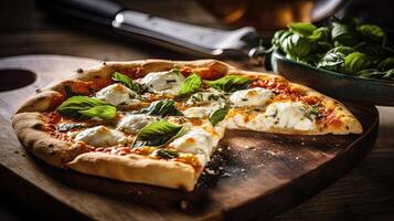 frisch gebacken Margherita Pizza auf hölzern Schneiden Planke, Essen Fotografie. generativ ai. foto