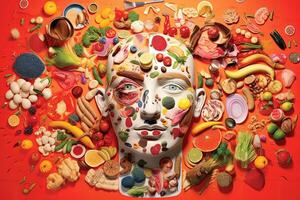 ein Bündel von anders Art Obst und Gemüse Essen Bildung ein verbessert Gesicht auf Orange Hintergrund. generativ ai. foto