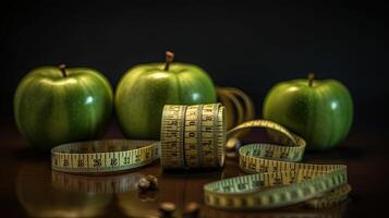 gesund Lebensstil von Grün Äpfel mit Saat und Messung Band auf dunkel braun Hintergrund. generativ ai. foto