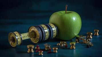gesund Lebensstil von ein Grün Apfel mit Messung Band und Hantel auf blaugrün Hintergrund. generativ ai. foto