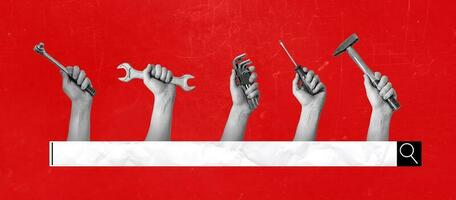 Kunst Collage von Hände mit Werkzeuge auf ein surreal Hintergrund, Internet Suche Symbole foto
