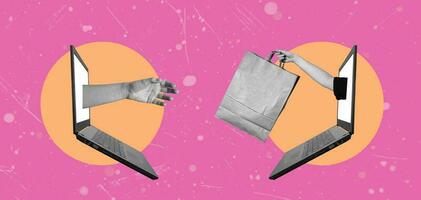 ein modern Kunst Collage abbilden ein Laptop und ein Hand mit ein Papier Tasche. das Konzept von Einkaufen. foto
