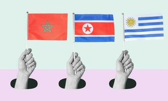 Kunst Collage, Hand mit das Flagge von Marokko, Norden Korea, und Uruguay auf ein Licht Hintergrund. foto