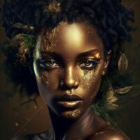 Mode Porträt von Gesicht von attraktiv jung schwarz Frau mit Gold bilden und Gold Staub, generativ ai foto