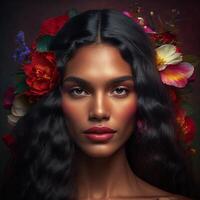 Porträt von sinnlich schwarz Frau mit Blumen im Haar, ai generiert foto