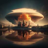 Illustration von enorm nuklear Bombe Explosion Über Stadt. generativ ein foto
