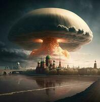 Illustration von enorm nuklear Bombe Explosion Über Stadt. generativ ein foto