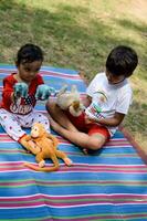 zwei glücklich Jungs im Gesellschaft Park, glücklich asiatisch Brüder Wer sind lächelnd glücklich zusammen. Brüder abspielen draußen im Sommer, Beste Freunde. Kleinkind Baby Junge spielen mit seine glücklich Bruder im das Garten foto