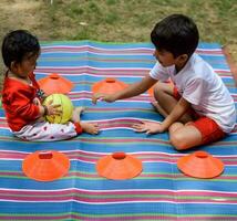 zwei glücklich Jungs im Gesellschaft Park, glücklich asiatisch Brüder Wer sind lächelnd glücklich zusammen. Brüder abspielen draußen im Sommer, Beste Freunde. Kleinkind Baby Junge spielen mit seine glücklich Bruder im das Garten foto