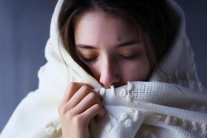 ein schön jung Frau gefangen ein kalt und eingewickelt Sie selber im ein Weiß Decke zu behalten warm. generativ ai Illustration. foto