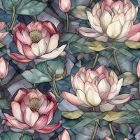 nahtlos patern von schön Weiß und lila Lotus Blumen mit Grün Blätter im Aquarell Gemälde Stil. gemacht mit generativ ai. foto