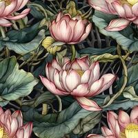 nahtlos patern von schön Weiß und lila Lotus Blumen mit Grün Blätter im Aquarell Gemälde Stil. gemacht mit generativ ai. foto