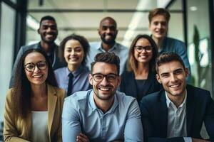 Gruppe von Geschäftsleute und Frauen lächelnd im das Büro mit ai Generator foto