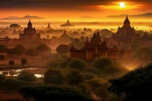 Bagan beim Sonnenuntergang Myanmar schön Landschaft mit ai Generator foto