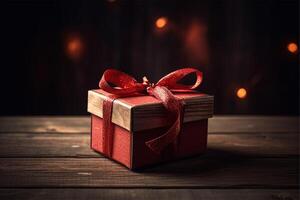 Jahrgang rot Geschenk Box mit Bogen auf hölzern Hintergrund, Mutter Tag oder Vaters Tag oder Stechpalme Tag generativ ai foto