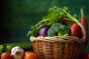 frisch Gemüse im Korb texturiert Hintergrund, natürlich Thema, Gesundheit Pflege Konzept. generativ ai foto
