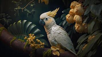 bunt Paar von Papageien Sitzung auf Ast zwischen Blätter tropisch Regenwald , Blumen im das Hintergrund, 3d Rendern unglaublich detailliert. foto