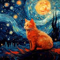 ein Gemälde von ein Ingwer Katze Sitzung auf oben von ein Hügel auf das Hintergrund von das Nacht Himmel. Parodie auf Vincent van Gogh generativ ai Illustration zum Mauer Kunst und Cafe Dekor. foto