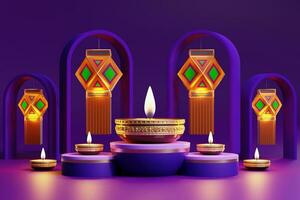 3d Rendern zum Diwali Festival Diwali, Deepavali oder Dipavali das Festival von Beleuchtung Indien mit Gold Diya auf Podium, gemustert und Kristalle auf Farbe Hintergrund. foto