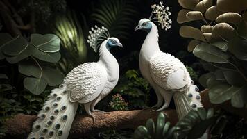 Fantastisch Landschaft. schön Pfau Sitzung, Bogen mit Blühen Blumen und Straße Dehnen in das Schlucht. ungewöhnlich Welt. erstellt mit generativ ai. foto