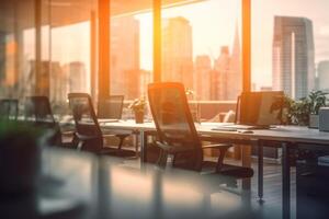 ai generiert verschwommen Büro Arbeitsplatz im das Tag Aussicht Hintergrund foto