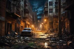 ai generiert Hyperrealismus dunkel verlassen Stadt Schmutz Müll überall Hintergrund foto