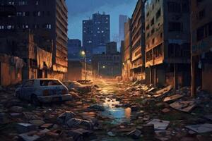 ai generiert Hyperrealismus dunkel verlassen Stadt Schmutz Müll überall Hintergrund foto