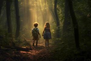 ai generiert zwei Kinder Gefühl das magisch Atmosphäre wie Sie eingeben Wald Hintergrund foto