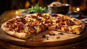 köstlich gegrillt Schweinefleisch Pizza Belag auf hölzern Schneiden Planke, Essen Fotografie. Vorlage oder Banner zum Restaurant. generativ ai. foto