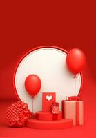 3d machen von kreisförmig Rahmen mit Podium, Luftballons, Geschenk Kisten, Botschaft Karte. Valentinstag Tag Konzept. foto