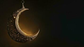 3d machen von hängend exquisit glänzend geschnitzt Mond mit Sterne auf dunkel Hintergrund. islamisch religiös Konzept. foto